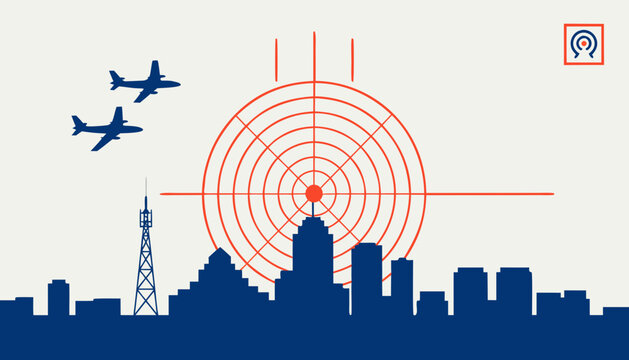 Retro air defense radar vector illustration, vintage military radar signal over city skyline, cold war propaganda style poster art
