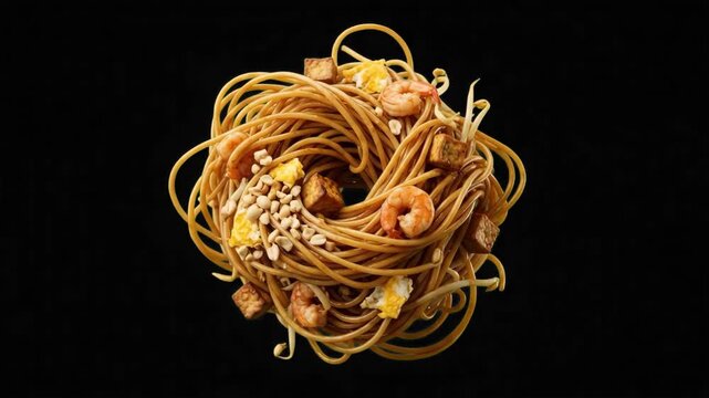 A overhead shot of stir-fried Pad Thai noodles with shrimp, tofu, and crushed peanuts centered against a dark black background. Perfect for restaurant promos, digital menus, and culinary video project