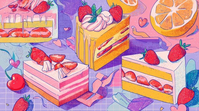 76.Playful cake composition with multiple fruit cakes arranged in collage style, vanilla sponge layers, fluffy icing, cherry clusters and strawberry halves, decorative ribbons and tiny hearts,