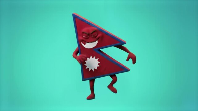 A detailed 3D model of the double-pennon Nepal flag designed as a happy animated character with a cheerful grin dancing, set against a solid green studio backdrop. Ideal for Nepalese patriotic campaig