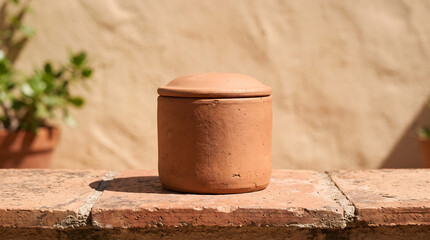 Naklejka premium Terracotta jar with a lid resting on a rustic tiled surface outdoors clay