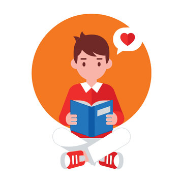 Young boy sitting in a lotus position while reading a blue book with love icon