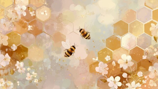 90.Cute honeycomb pattern painting in warm golden tones, two tiny smiling bees buzzing around, delicate white flowers scattered between hexagons, soft pastel background, gentle watercolor effect,