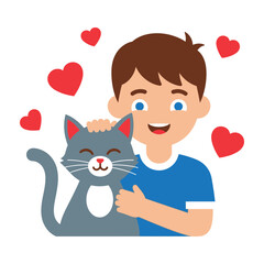 Happy Boy Hugging His Grey Cat Surrounded By Red Hearts Love Concept Sticker