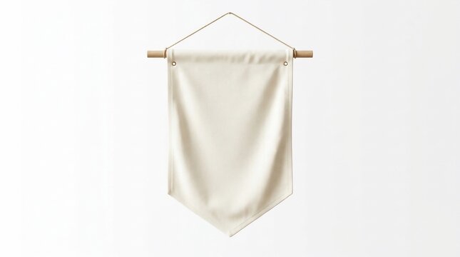 Blank hanging fabric pennant flag mockup with wooden rod.