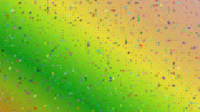 Bright green and yellow gradient with a festive array of colorful tiny flag shapes creating a cheerful playful design