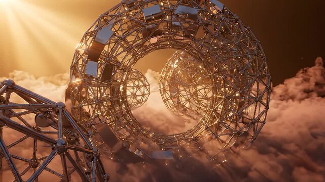 Metallic geodesic spheres float in clouds illuminated by sunlight