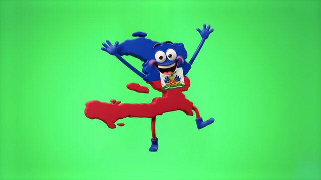 A cheerful 3D map character of Haiti wearing its national flag dances enthusiastically against a bright green chroma key background. Ideal for educational geography videos and Caribbean media projects