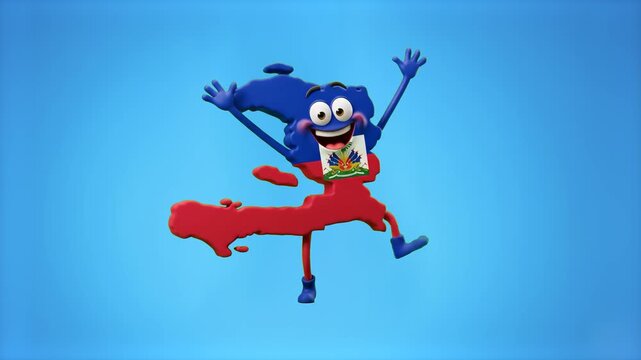 A cheerful 3D character modeled as the map of Haiti featuring its vibrant national flag design dances merrily against a solid blue background. Perfect for geography video lessons, travel channel intro