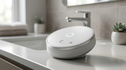 Fototapeta premium Smart air quality monitor device on bathroom counter near sink faucet.