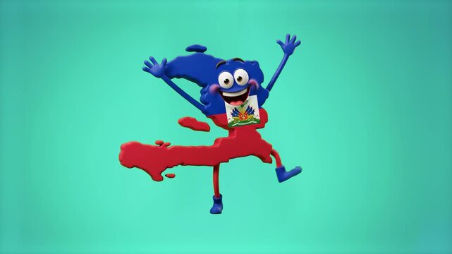 A happy 3D mascot shaped like the map of Haiti, textured with its national flag, jumps and dances joyfully against a mint green background. Ideal for Caribbean geography tutorials, cultural presentati