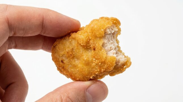 Hand holding a bitten chicken nugget isolated on white background