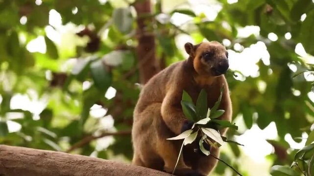 Tree Kangaroo Sitting on a Tree Branch Eating Leaves in Tropical Rainforest