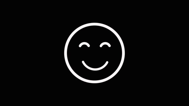 A simple white outline of a smiling face with closed eyes on a black background, representing happiness, positivity, and simple emoticons.