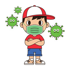 Young Boy Wearing a Protective Face Mask Standing Safely Against Virus Particles