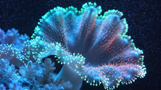 Neonglowing coral polyps under blue and pink light against a dark background