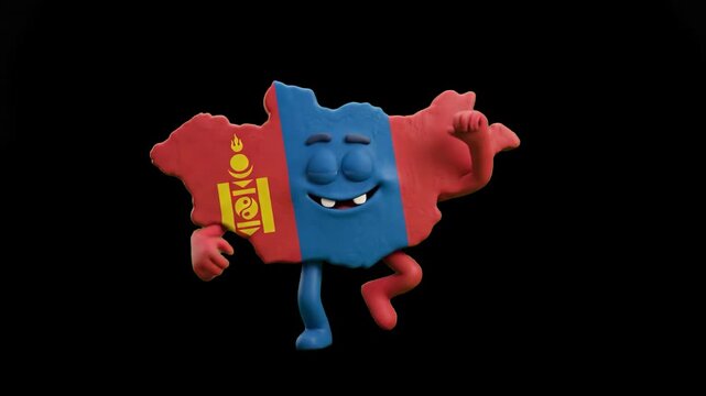 A vibrant 3D mascot shaped like the map of Mongolia covered in the national flag texture performs a dynamic dance routine isolated against a black backdrop. Designed for geography lessons, cultural do