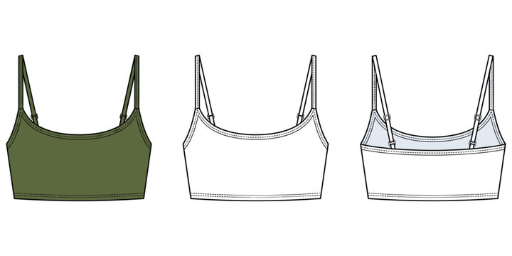 Women&rsquo;s camisole crop top design with adjustable straps, lingerie garment sketch, clothing fashion pattern making, stylish apparel concept, flat vector illustration