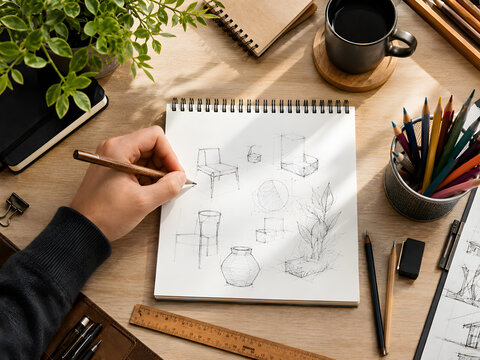 International Left Handers Day Creative Designer Sketching Objects in Spiral Notebook with Left Hand on Artistic Workspace