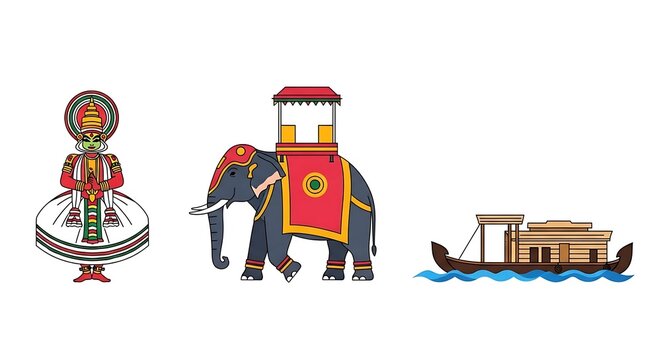 Onam festival set with Kathakali dancer elephant and houseboat