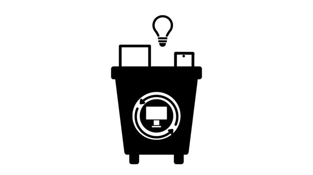 Electronic waste icon featuring computer, phone, and lamp symbols emerging from a trash bin with a recycling arrow. Suitable for electronic recycling, waste management, and environmental protection