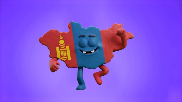A cheerful 3D animated mascot in the shape of the map of Mongolia, textured with the red and blue national flag and golden Soyombo symbol, dancing happily on a vibrant purple studio background. Perfec