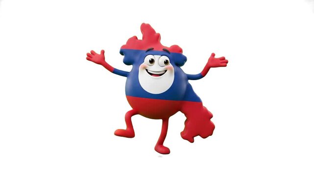A cheerful 3D Laos country map character styled with the Laotian flag, standing with open arms isolated on a clean white background. Ideal for geography lessons, travel promos, Southeast Asian culture