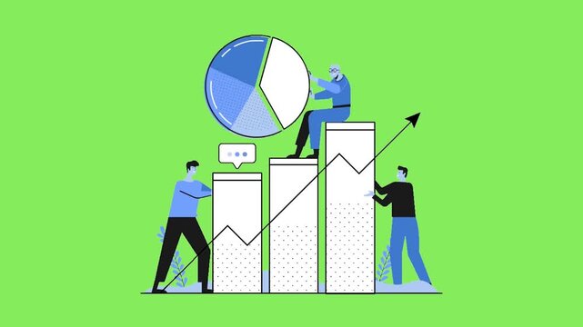 Business team analyzing financial data on green screen, flat vector animation of people building bar chart and pie chart for corporate growth and marketing presentation