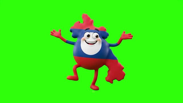 A friendly 3D mascot character in the shape of the Laos map featuring the national flag design dances joyfully against a solid green screen backdrop. Perfect for Asian geography video lessons, cultura