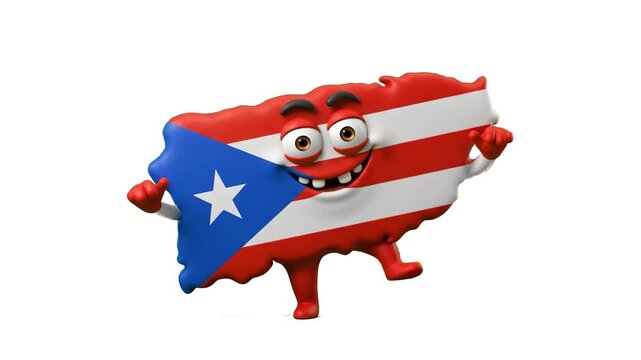 A cheerful 3D mascot shaped like the map of Puerto Rico with its national flag texture dances merrily against a clean white background. Ideal for Caribbean geography lessons, cultural presentation ove