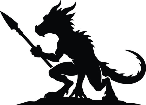 Black and white vector silhouette of a fantasy lizardman warrior holding a spear