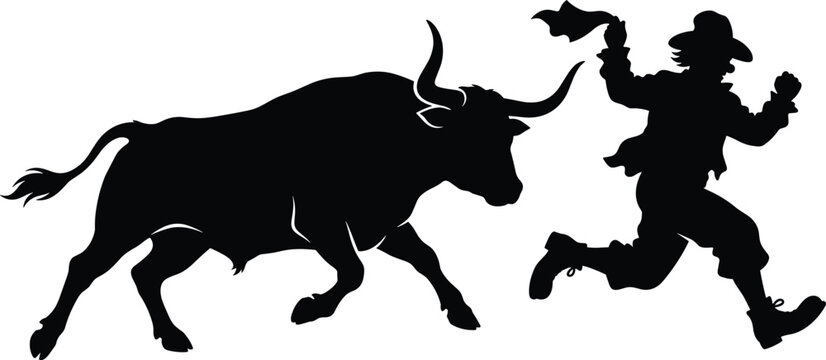 Black and white vector silhouette of a raging bull chasing a runner