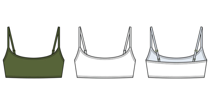Women&rsquo;s camisole bralette top design with adjustable straps, lingerie garment sketch, clothing fashion pattern making, stylish apparel concept, flat vector illustration