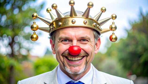 Dictatorship concept with a clown king. Man wearing a crown and red nose as a tyrant.