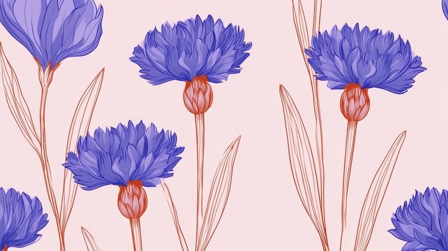 Elegant seamless pattern of blue cornflowers on soft pink background for modern botanical textile prints and artistic decorative wallpaper design.