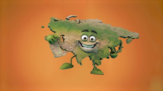 A vibrant 3D mascot shaped like the Asian continent with a wide smile dances playfully against a warm orange studio backdrop. Designed for geography tutorials, travel channel intro graphics, and inter