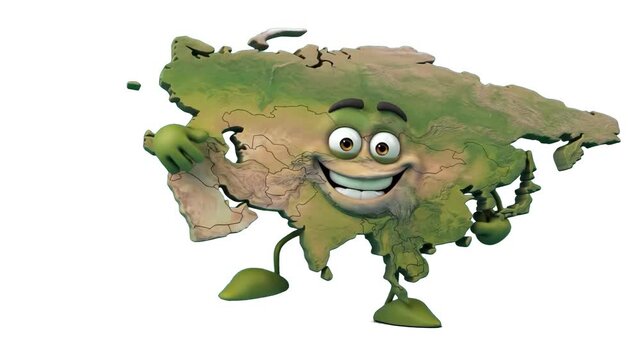 A 3D animated cartoon character designed as the Eurasian continent features a big smile and pose on an isolated white background. Perfect for educational videos, geography projects, and child-friendly