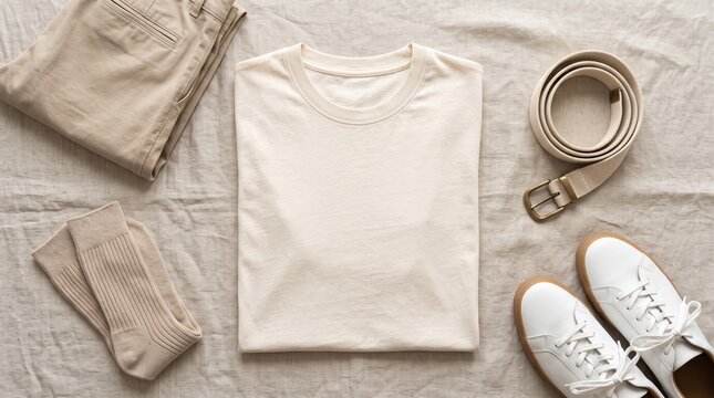 Off-white cotton t-shirt mockup with chinos belt and white sneakers flat lay