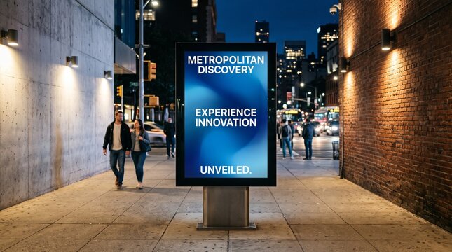 Modern city skyline with illuminated billboard at night