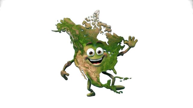 A detailed 3D model of the North American continent map with realistic satellite terrain texture designed as a cheerful animated character waving its hand, set against a solid white studio backdrop. D