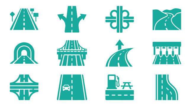 Teal road and highway navigation icon set featuring cloverleaf interchange, tunnel, bridge, toll booth, winding mountain path, gas station rest stop, and lane merge symbols on white.