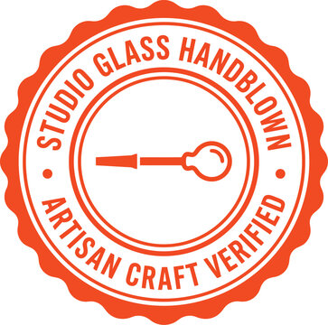 Studio glass handblown artisan craft verified seal with glassblowing tool and bubbles.
