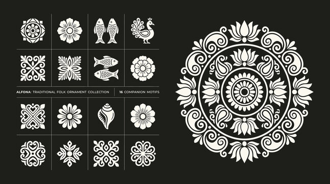 Traditional Indian Alpana Folk Art Set with Mandala and Floral Animal Motifs