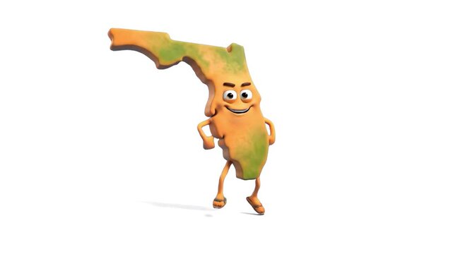 A cute 3D mascot shaped like the map of the state of Florida dances merrily on a seamless white background. Excellent for US geography lessons, Florida travel promos, regional tourism videos, and educ