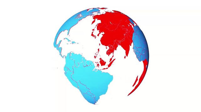 3D Rotating Planet Earth Globe Animation with Blue and Red Color Highlighted Map, Spinning World Sphere Loop on White Background for Global Business and Geography Concepts.