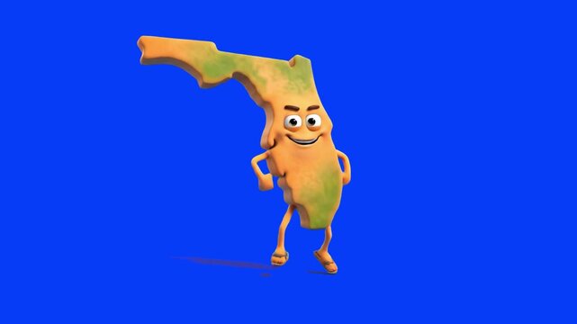A happy 3D Florida state map mascot character dancing joyfully against a solid blue screen background. Perfect for educational media, travel marketing, chroma key projects, and interactive geography v