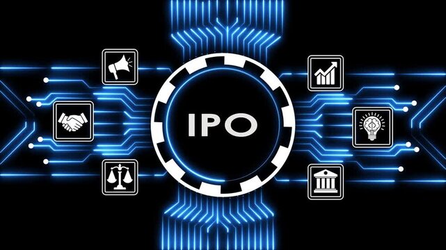 ipo text animation with various related icons in a digital circuit board background.