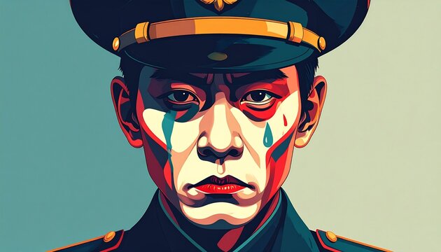 Dictatorship military officer portrait. Sad soldier with tears in a stylized uniform.