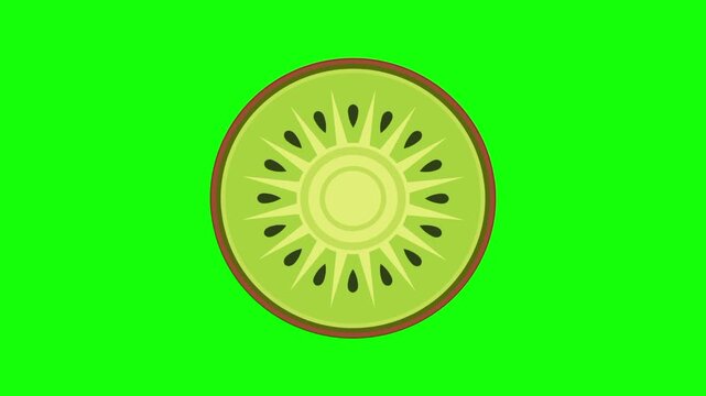 green kiwi fruit icon sign, isolated slice fruits on green screen. Animated fresh healthy raw food cartoon. Advertisement, illustration idea, organic and natural diet symbol. Element for video.