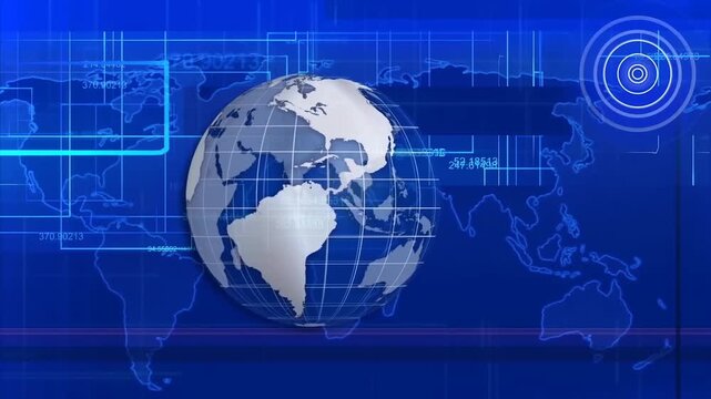 Global news broadcast background with rotating 3D earth globe, digital world map interface and data HUD elements for corporate business and technology news reports
